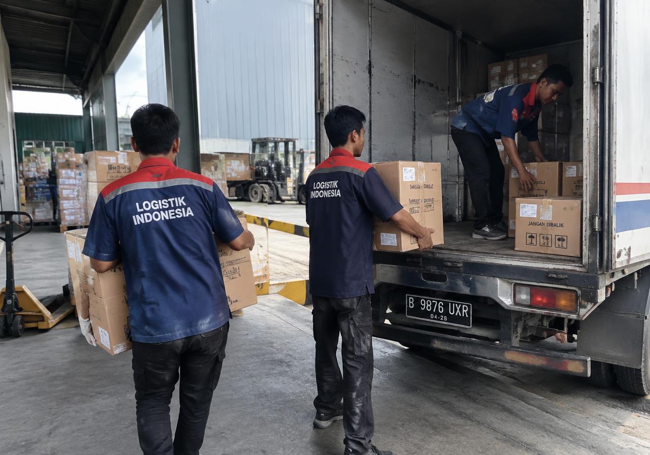 Tim logistik memuat barang ke dalam truk