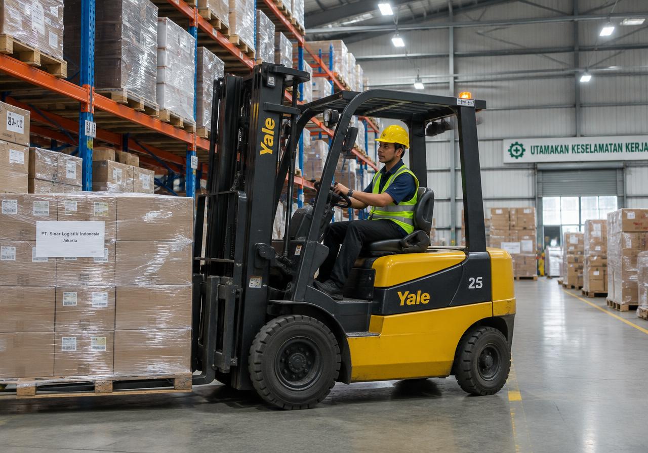 Forklift memindahkan palet di gudang